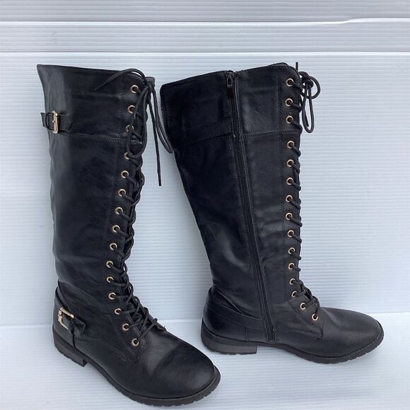 Forever Women's Black Knee High Lace-Up Buckle Riding Boots  size 10 - Picture 1 of 11